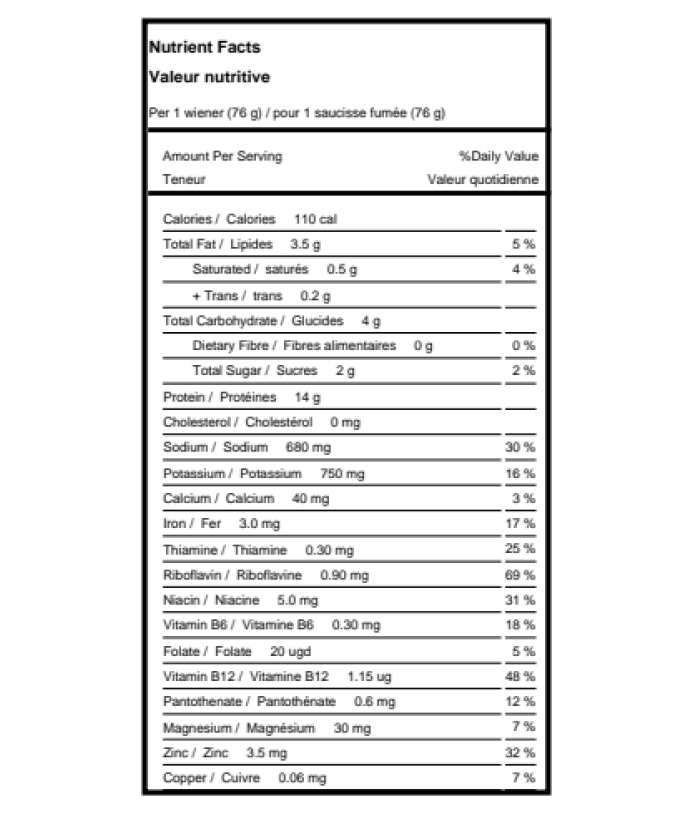 JUMBO SMART DOGS Nutrition Facts